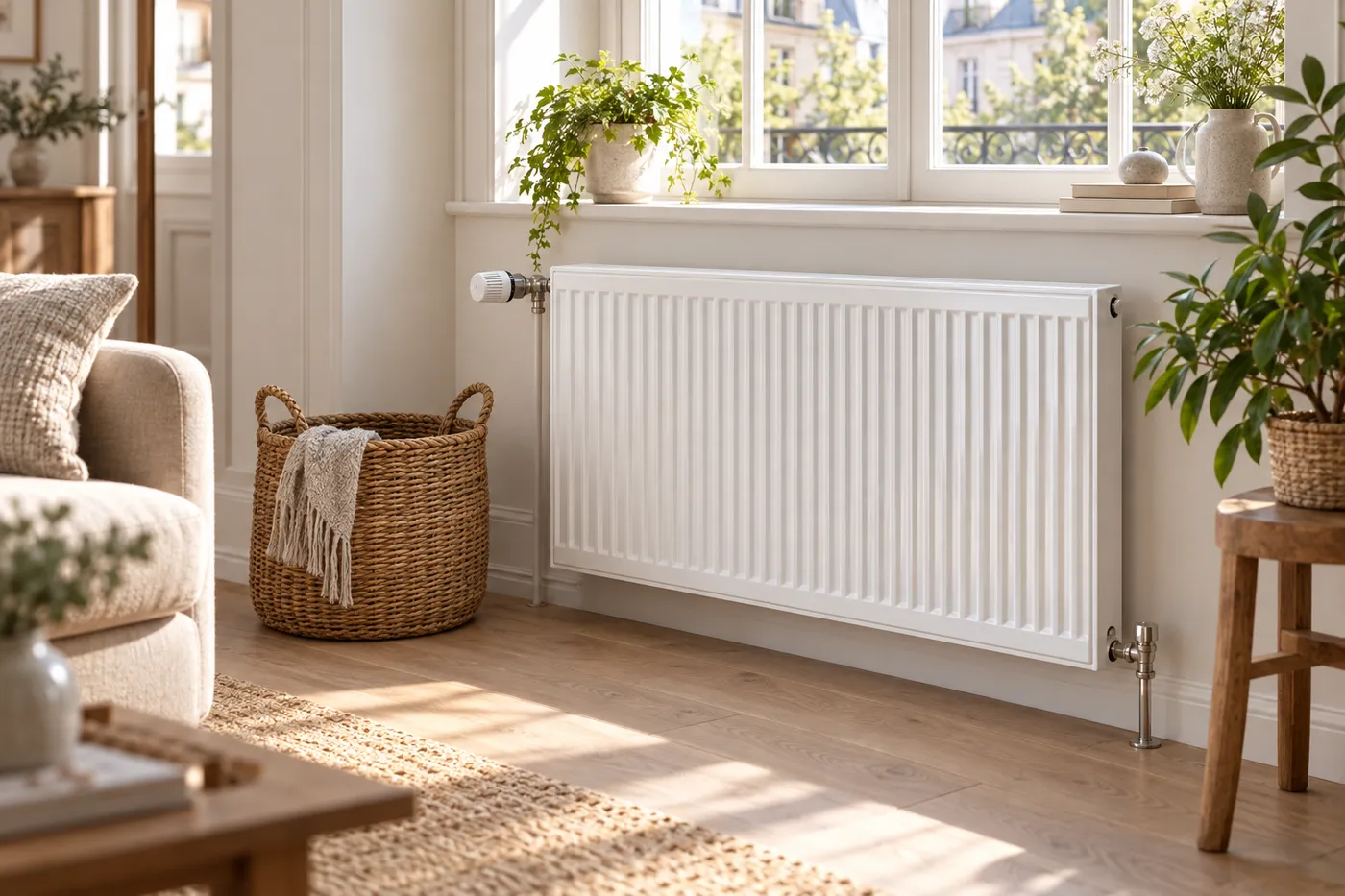 Radiateur à panneau avec robinet thermostatique sous la fenêtre d'un salon lumineux